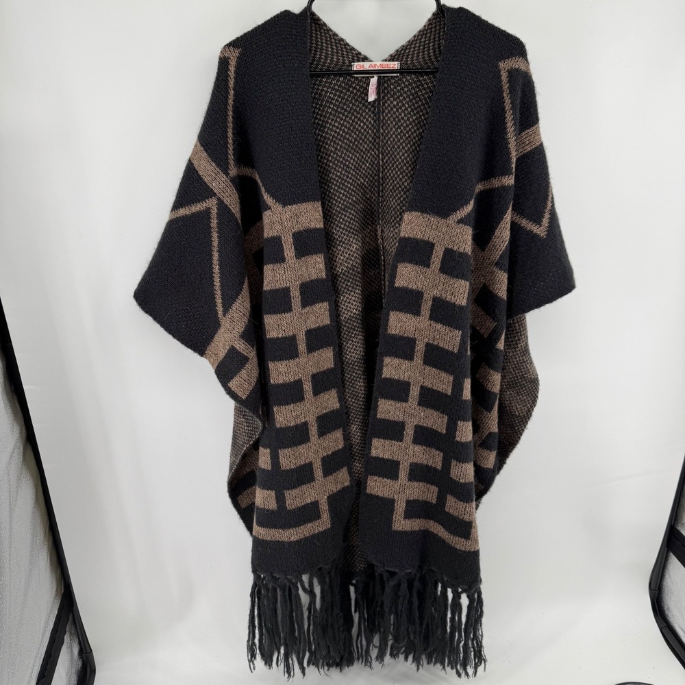 Gil‎ Aimbez For Static Vintage Wool Alpaca Geometric Fringe Poncho Made in Japan